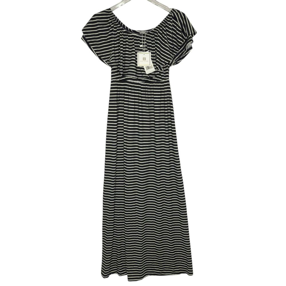 Mary Square XS NEW Black White Stripe Day Trip Ruffle Maxi Dress